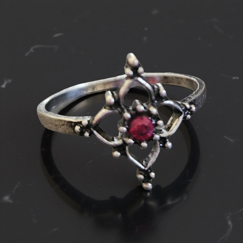 Silver Tone Ring with Red Stone Size 8 - Picture 1 of 6